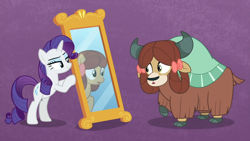 Size: 1920x1080 | Tagged: safe, imported from derpibooru, screencap, rarity, yona, earth pony, pony, unicorn, yak, she's all yak, bow, cloven hooves, duo, female, fit right in, hair bow, mare, mirror, ponified, pony yona, purple background, raised hoof, simple background, species swap