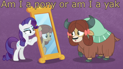 Size: 1920x1080 | Tagged: safe, edit, edited screencap, imported from derpibooru, screencap, rarity, yona, earth pony, pony, unicorn, yak, she's all yak, bow, caption, cloven hooves, duo, existential crisis, female, hair bow, image macro, man or muppet, mare, mirror, ponified, pony yona, purple background, raised hoof, simple background, species swap, text, the muppets