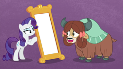 Size: 1920x1080 | Tagged: safe, edit, edited screencap, imported from derpibooru, screencap, rarity, yona, earth pony, pony, unicorn, yak, she's all yak, bow, cloven hooves, duo, exploitable, female, hair bow, mare, mirror, purple background, simple background, template