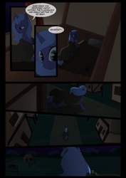 Size: 1240x1754 | Tagged: safe, artist:lunarcakez, imported from derpibooru, princess luna, pony, comic:the origins of hollow shades, cloak, clothes, comic, female, night, s1 luna, solo