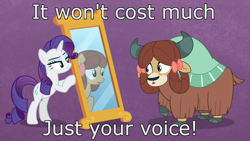 Size: 1920x1080 | Tagged: safe, edit, edited screencap, imported from derpibooru, screencap, rarity, yona, earth pony, pony, unicorn, yak, she's all yak, bow, caption, cloven hooves, duo, female, fit right in, hair bow, image macro, mare, mirror, movie reference, ponified, pony yona, poor unfortunate souls, purple background, simple background, song reference, species swap, text, the little mermaid