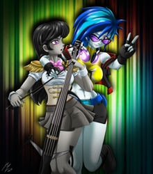 Size: 2085x2367 | Tagged: safe, artist:mauroz, imported from derpibooru, dj pon-3, octavia melody, vinyl scratch, equestria girls, bow (instrument), breasts, busty vinyl scratch, cello, clothes, curtain, curtains, electric cello, female, fingerless gloves, gloves, headphones, lesbian, miniskirt, musical instrument, peace sign, pleated skirt, scratchtavia, shipping, shoes, skirt, socks, spotlight, sunglasses, thigh highs