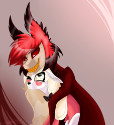 Size: 3000x3300 | Tagged: safe, artist:crystalcontemplator, imported from derpibooru, deer, deer pony, demon, demon pony, pony, wendigo, alastor, alastor x charlie, charlastor, charlie (hazbin hotel), charlie morningstar, deer demon, female, hazbin hotel, infidelity, male, non-mlp shipping, ponified, princess of hell, radio demon, shipping, straight, wendigo pony