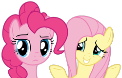 Size: 4297x2769 | Tagged: safe, artist:sketchmcreations, imported from derpibooru, fluttershy, pinkie pie, pony, common ground, duo, female, mare, pinkie pie is not amused, raised eyebrow, shrug, simple background, smiling, transparent background, unamused, vector