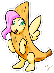 Size: 892x1210 | Tagged: safe, artist:zutcha, imported from derpibooru, fluttershy, pony, banana, banana costume, banana suit, bananashy, bipedal, clothes, costume, cute, female, food, food costume, shyabetes, signature, simple background, solo, transparent background
