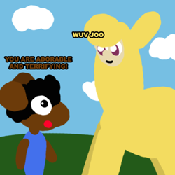 Size: 480x480 | Tagged: safe, artist:artdbait, imported from derpibooru, paprika paca, oc, oc:nappy, alpaca, mouse, them's fightin' herds, big eyes, cloud, community related, cute, fightin' doods, paprika (tfh), terrifying