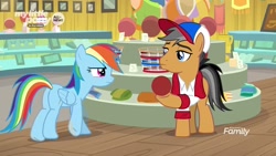 Size: 1280x720 | Tagged: safe, imported from derpibooru, screencap, quibble pants, rainbow dash, earth pony, pegasus, pony, common ground, ball, baseball cap, buckball museum, cap, clothes, duo, female, hat, hoof hold, male, mare, scarf, shirt, stallion