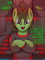 Size: 3024x4032 | Tagged: safe, artist:tacomytaco, imported from derpibooru, oc, oc only, oc:captain conray, earth pony, pony, comic:space floofs, bipedal, bridge, clothes, comic, comic page, crossed arms, male, pants, shirt, solo, text, uniform