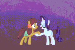 Size: 720x480 | Tagged: safe, edit, imported from derpibooru, screencap, rarity, yona, earth pony, pony, unicorn, yak, she's all yak, animated, bow, cloven hooves, duo, female, fit right in, gif, hair bow, mare, mirror, ponified, pony yona, purple background, reversed, simple background, species swap
