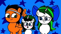 Size: 1280x720 | Tagged: safe, artist:sebtheartist, deleted from derpibooru, imported from derpibooru, oc, oc only, oc:lekonar, oc:minty root, pegasus, pony, unicorn, blue background, female, filly, male, mare, oc x oc, offspring, parents:oc x oc, ribbon, shipping, simple background, stallion, stars, straight