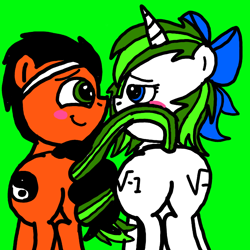 Size: 768x768 | Tagged: safe, artist:sebtheartist, deleted from derpibooru, imported from derpibooru, oc, oc only, oc:lekonar, oc:minty root, pegasus, pony, unicorn, blushing, butt, female, green background, looking at each other, male, mare, oc x oc, plot, shipping, simple background, stallion, straight