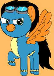 Size: 545x768 | Tagged: safe, artist:sebtheartist, deleted from derpibooru, imported from derpibooru, oc, oc only, oc:lekonar, pegasus, pony, badass, clothes, male, orange background, raised hoof, simple background, solo, stallion, uniform, wonderbolts uniform