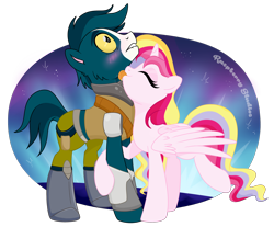 Size: 2144x1772 | Tagged: safe, artist:raspberrystudios, imported from derpibooru, oc, oc:aurelia charm, alicorn, pony, alicorn oc, avocato (final space), blushing, final space, licking, lip bite, neck licking, ponified, space, tongue out