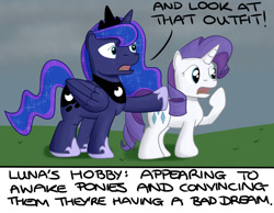 Size: 1080x840 | Tagged: safe, artist:hoofclid, imported from derpibooru, princess luna, rarity, alicorn, pony, unicorn, duo, ethereal mane, female, hobby, hoof shoes, mare, my hobby, pointing, prank, prankster luna, starry mane, xkcd