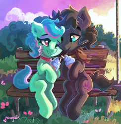 Size: 1600x1637 | Tagged: safe, artist:saxopi, imported from derpibooru, oc, oc only, oc:bikey, oc:pi, earth pony, pony, bench, food, grass, ice cream, pikey