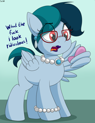 Size: 2366x3058 | Tagged: safe, artist:an-tonio, imported from derpibooru, oc, oc only, oc:delta vee, pegasus, pony, alternate hairstyle, bracelet, ear piercing, female, glasses, housewife, jewelry, lipstick, mare, necklace, pearl necklace, piercing, solo, speech, vulgar, wing hands, wings