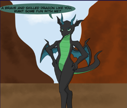 Size: 963x816 | Tagged: safe, artist:chedx, imported from derpibooru, queen chrysalis, dragon, cropped, disguise, disguised changeling, dragoness, dragonified, dragonlis, female, hand on hip, solo, species swap, speech bubble, upscaled