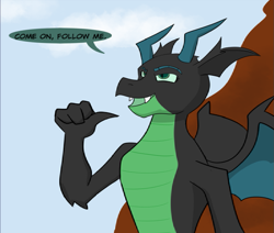 Size: 963x816 | Tagged: safe, artist:chedx, imported from derpibooru, queen chrysalis, changeling, dragon, cropped, disguise, disguised changeling, dragoness, dragonified, dragonlis, female, pointing at self, solo, species swap