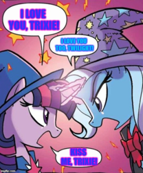 Size: 500x602 | Tagged: safe, edit, idw, imported from derpibooru, trixie, twilight sparkle, pony, unicorn, nightmare knights, spoiler:comic, alternate universe, duo, female, imminent kissing, lesbian, mare, meme, shipping, speech bubble, the great and powerful roxy, the great and powerful twily, twixie