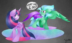 Size: 1024x617 | Tagged: safe, artist:marly-kaxon, imported from derpibooru, twilight sparkle, oc, oc:sour note, alicorn, pony, alicornified, curved horn, dialogue, duo, female, folded wings, horn, mare, race swap, raised hoof, speech bubble, text, twilight sparkle (alicorn), wings