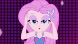 Size: 1920x1080 | Tagged: safe, imported from derpibooru, screencap, fluttershy, equestria girls, equestria girls series, i'm on a yacht, spoiler:eqg series (season 2), beautiful, clothes, dress, female, geode of fauna, lidded eyes, looking at you, magical geodes, neon eg logo, sexy, sleeveless, solo