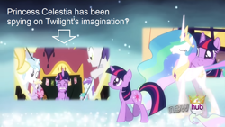 Size: 1278x720 | Tagged: safe, edit, edited screencap, imported from derpibooru, screencap, princess celestia, twilight sparkle, alicorn, pony, unicorn, magical mystery cure, ascension realm, celestia's ballad, female, hub logo, mare, princess celestia's special princess making dimension, unicorn twilight