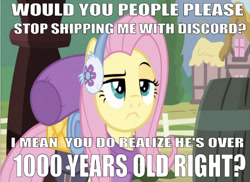 Size: 670x489 | Tagged: safe, edit, edited screencap, editor:undeadponysoldier, imported from derpibooru, screencap, fluttershy, pegasus, pony, dungeons and discords, barrel, downvote bait, earmuffs, female, hate, implied discord, implied discoshy, implied shipping, implied straight, mare, mouthpiece, op is a duck, op is trying to start shit, op started shit, ponyville, question mark, raised eyebrow, shipping denied, solo, talking to viewer, unamused, wrong aspect ratio