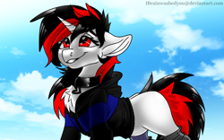 Size: 1920x1200 | Tagged: safe, artist:brainiac, imported from derpibooru, oc, oc only, oc:blackjack, pony, unicorn, comic:fallout equestria: stained glass, fallout equestria, fallout equestria: project horizons, blank flank, chest fluff, clothes, collar, fallout equestria stained glass, fanfic art, female, hoodie, mare, socks, solo