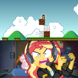 Size: 1920x1922 | Tagged: safe, edit, imported from derpibooru, screencap, fluttershy, sunset shimmer, equestria girls, equestria girls series, game stream, spoiler:eqg series (season 2), controller, crossover, death, headphones, mario, nintendo, screaming, spikes, sunset shimmer frustrated at game, super mario bros., unfair mario