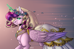 Size: 1500x1000 | Tagged: safe, artist:norica-official, imported from derpibooru, princess cadance, queen chrysalis, alicorn, pony, a canterlot wedding, chest fluff, clothes, disguise, disguised changeling, dress, fake cadance, female, floral head wreath, flower, glowing eyes, glowing horn, mare, profile, slit eyes, slit pupils, smiling, smirk, solo, speedpaint available, wedding dress