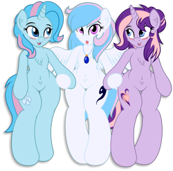 Size: 3439x3382 | Tagged: safe, artist:digiqrow, imported from derpibooru, oc, oc only, oc:cotton candi, oc:starburn, oc:sun dance, pegasus, pony, semi-anthro, unicorn, :p, belly button, blushing, chest fluff, hoof hold, jewelry, necklace, pubic fluff, simple background, tongue out, transparent background, wings