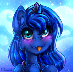 Size: 565x556 | Tagged: safe, artist:deraniel, imported from derpibooru, princess luna, pony, :p, blushing, bust, cute, female, lunabetes, portrait, solo, starry background, tongue out