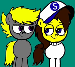 Size: 666x600 | Tagged: safe, artist:sebtheartist, deleted from derpibooru, imported from derpibooru, oc, oc only, oc:pencil bolt, oc:ponyseb, pegasus, pony, blue eyes, clothes, eyebrows visible through hair, hat, lidded eyes, looking at each other, pegasus oc, purple eyes, snapback, sweater