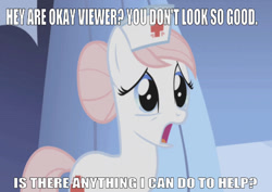 Size: 668x474 | Tagged: safe, edit, edited screencap, editor:undeadponysoldier, imported from derpibooru, screencap, nurse redheart, earth pony, pony, applebuck season, concerned, female, hair bun, hat, looking at you, mare, nurse hat, open mouth, ponyville hospital, solo, talking to viewer