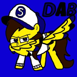 Size: 720x720 | Tagged: safe, artist:sebtheartist, deleted from derpibooru, imported from derpibooru, oc, oc only, oc:ponyseb, pegasus, pony, baseball cap, blue background, cap, clothes, colored wings, cool, dab, determined, hat, looking at you, pegasus oc, simple background, snapback, spread wings, sweater, wing arms, wing dab, wings