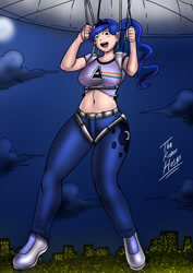 Size: 1414x2000 | Tagged: safe, artist:dakuroihoshi, imported from derpibooru, princess luna, human, belly button, breasts, busty princess luna, city, cityscape, clothes, cloud, cutie mark clothes, cutie mark on clothes, humanized, jeans, midriff, moon, night, pants, parachute, pink floyd, shirt, short shirt, skydiving, t-shirt, the ass was fat, the dark side of the moon