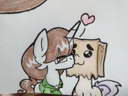 Size: 1227x920 | Tagged: safe, artist:paper view of butts, imported from derpibooru, oc, oc:paper bag, oc:paper butt, pony, unicorn, bag, blushing, close-up, clothes, colored, glasses, heart, horn, ink, ink drawing, jacket, kissing, oc x oc, paper bag, ship, shipping, simple background, traditional art