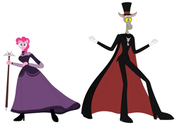 Size: 7080x5000 | Tagged: safe, artist:nathaniel hansen, imported from derpibooru, discord, pinkie pie, anthro, plantigrade anthro, vampire, cape, clothes, crossover, daria cohen, discopie, dress, female, fishnets, hat, male, mare, missi and the duke, my little pony, shipping, stallion, straight, the night, top hat