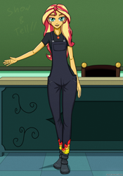 Size: 2102x3000 | Tagged: safe, artist:artemis-polara, imported from derpibooru, sunset shimmer, equestria girls, classroom, clothes, commission, female, geode of empathy, magical geodes, open mouth, overalls, shirt, shoes, smiling, solo