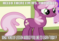 Size: 668x467 | Tagged: safe, edit, edited screencap, editor:undeadponysoldier, imported from derpibooru, screencap, cheerilee, earth pony, pony, cheeribetes, cute, dialogue, female, hearts and hooves day, introduction, looking at you, mare, ponyville schoolhouse, question, question mark, smiling, solo, standing, talking to viewer, text