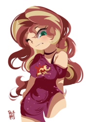 Size: 742x1024 | Tagged: safe, artist:tohupo, imported from derpibooru, sunset shimmer, equestria girls, equestria girls series, spring breakdown, spoiler:eqg series (season 2), clothes, dress, female, looking at you, one eye closed, simple background, solo, white background, wink