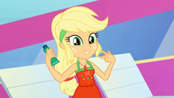 Size: 1920x1080 | Tagged: safe, imported from derpibooru, screencap, applejack, equestria girls, equestria girls series, i'm on a yacht, spoiler:eqg series (season 2), beautiful, blonde, clothes, cute, dress, female, freckles, geode of super strength, hatless, jackabetes, looking at you, magical geodes, missing accessory, sleeveless, smiling, solo, sunscreen, swag