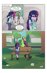 Size: 2650x4096 | Tagged: safe, artist:verumteednp, deleted from derpibooru, imported from derpibooru, applejack, lemon zest, pinkie pie, sci-twi, twilight sparkle, comic:sparkling shimmer, equestria girls, canterlot high, chapter 3, clothes, comic, dialogue, glasses, speech bubble