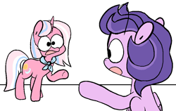 Size: 863x545 | Tagged: safe, artist:pinkiespresent, imported from derpibooru, clear skies, clear sky, pegasus, pony, unicorn, common ground, duo, female, looking at you, mare, open mouth, pointing, spider-man points at spider-man