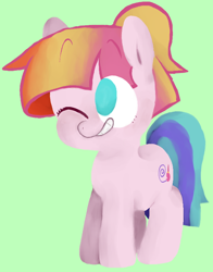 Size: 642x817 | Tagged: safe, artist:pinkiespresent, imported from derpibooru, toola roola, earth pony, pony, cute, female, filly, green background, no pupils, one eye closed, simple background, smiling, solo, wink