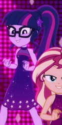 Size: 525x1060 | Tagged: safe, imported from derpibooru, screencap, sci-twi, sunset shimmer, twilight sparkle, equestria girls, equestria girls series, i'm on a yacht, spoiler:eqg series (season 2), clothes, cropped, geode of telekinesis, glasses, legs, magical geodes, neon eg logo, offscreen character, ponytail, sleeveless, smiling