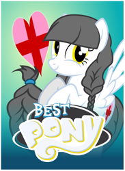 Size: 825x1125 | Tagged: safe, artist:flash equestria photography, imported from derpibooru, oc, oc only, oc:caring hearts, pegasus, pony, badge, best pony, cutie mark, female, lowres, mother, pigtails, smiley face, smiling, solo, twintails, wings