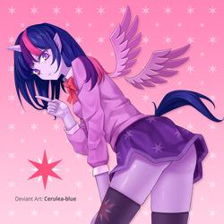 Size: 870x870 | Tagged: safe, artist:cerulea-blue, imported from derpibooru, twilight sparkle, alicorn, human, pony, ass, breasts, butt, clothes, female, floating wings, humanized, miniskirt, schrödinger's pantsu, shirt, skirt, skirt lift, socks, solo, thigh highs, thighs, twilight sparkle (alicorn), upskirt, watermark, wings, wip, zettai ryouiki