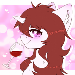 Size: 2000x2000 | Tagged: safe, artist:etoz, imported from derpibooru, oc, oc only, pony, unicorn, alcohol, blushing, cute, drunk, female, glass, looking at you, mare, request, requested art, smiling, solo, wine, wine glass