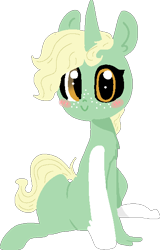 Size: 396x620 | Tagged: safe, artist:nootaz, imported from derpibooru, oc, oc only, oc:lucky suzie, pony, unicorn, abomination, blush sticker, blushing, c:, cute, ear fluff, female, hoof fluff, looking at you, mare, ocbetes, parent:oc:anon, simple background, sitting, smiling, solo, transparent background